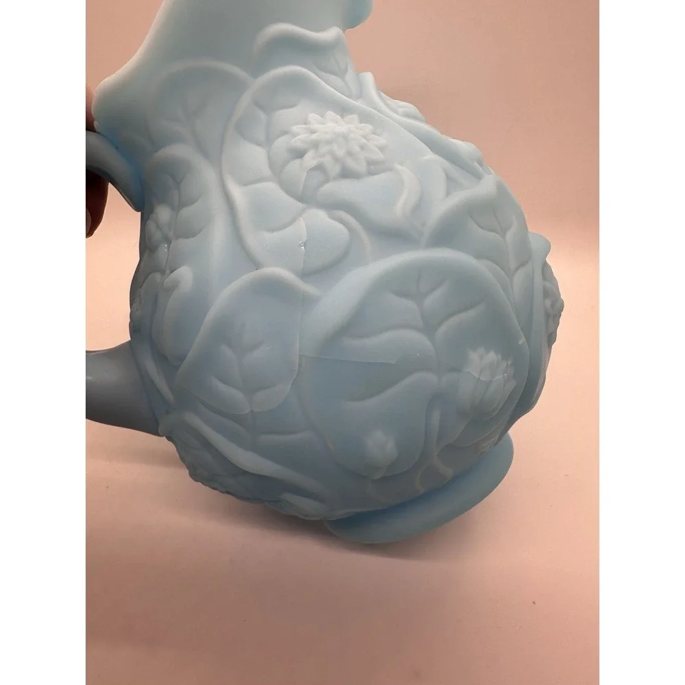 Vintage Fenton Blue‎ Satin Glass Water Lily Pattern Pitcher